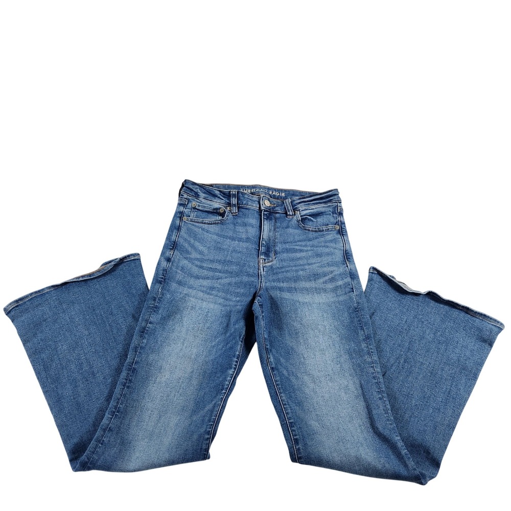 American Eagle Super Hi-Rise Flare Jeans Blue Medium Wash Next Level Stretch 8R